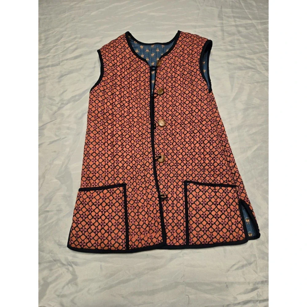 Ratan Jaipur Handmade Reversible Quilted Vest Cotton 11Y Blue Coral India Pocket